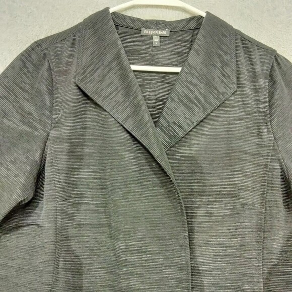 Eileen Fisher Dinner Blazer Womens Sz L Black 3/4 Sleeve Solid Open Front Fitted - Picture 2 of 13